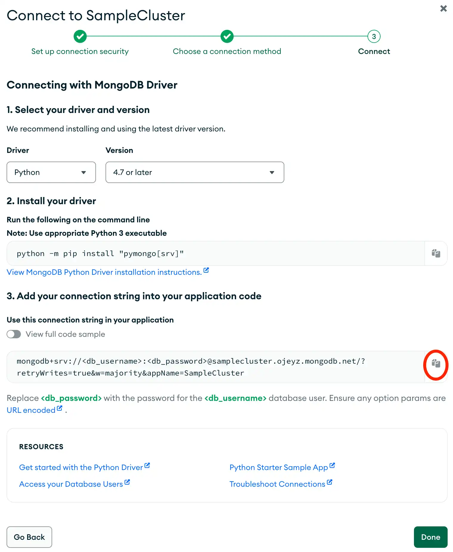 The connection string copy button in the Atlas UI